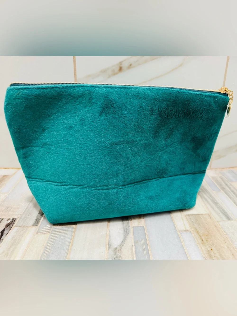Juicy Couture Teal Velour Cosmetic Makeup Travel Pouch Rhinestone Logo